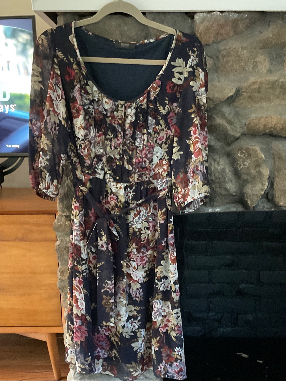 Esprit Navy Floral Midi Dress with 3/4 sleeves and Tie Waist